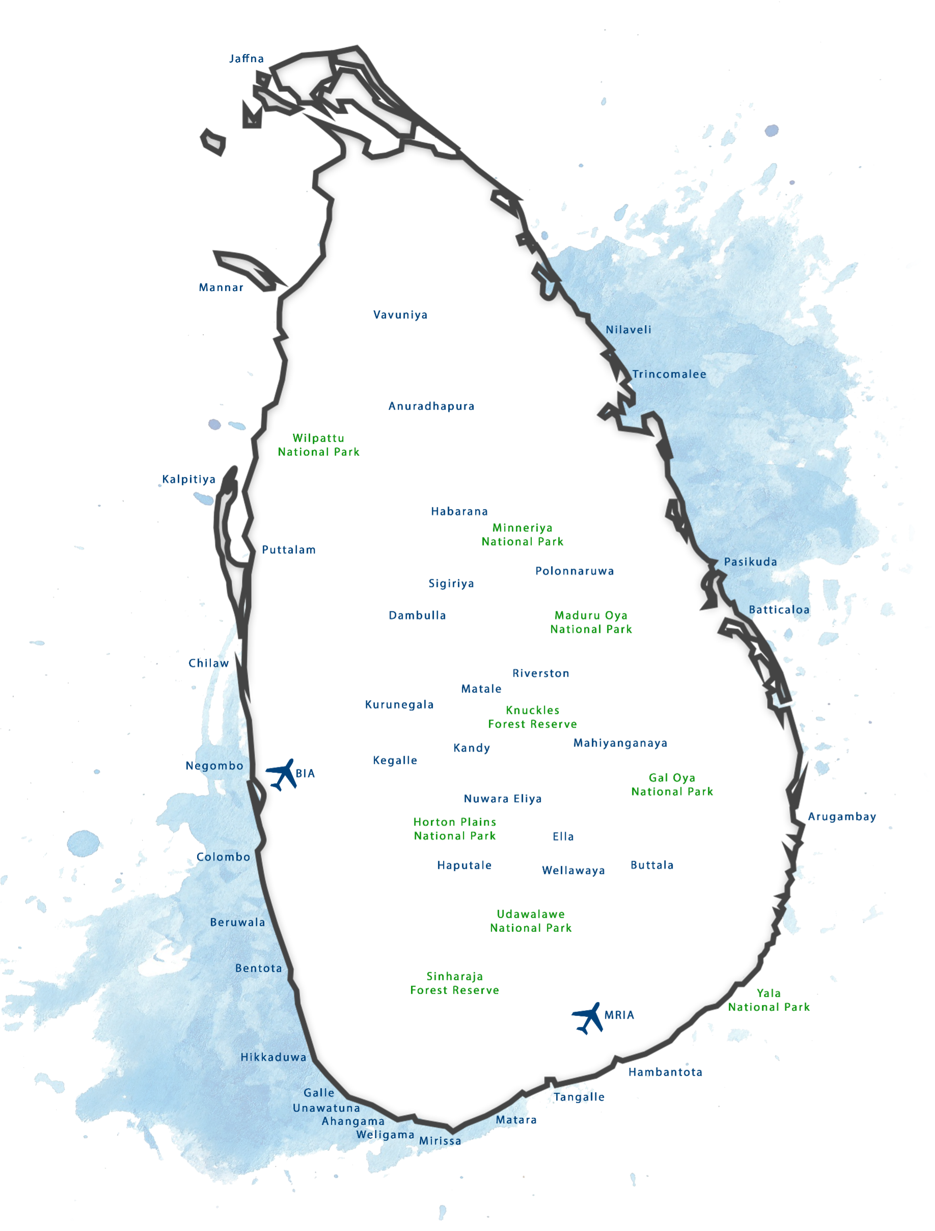 Map of Sri Lanka showing key holiday destinations including Sigiriya, Kandy, Ella, Galle, and Yala